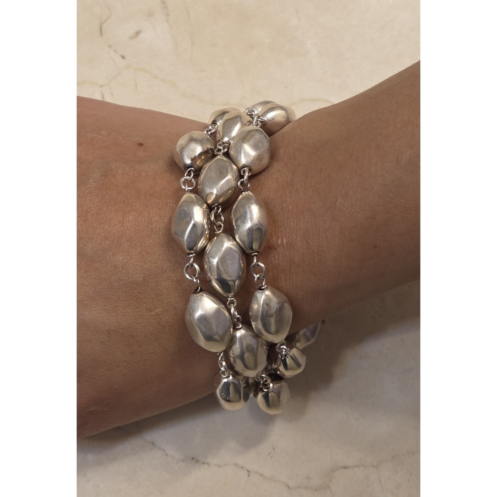 Chunky Sterling Triple Strand Hammered Bead Satin & Polished Magnetic Clasp 8.5"